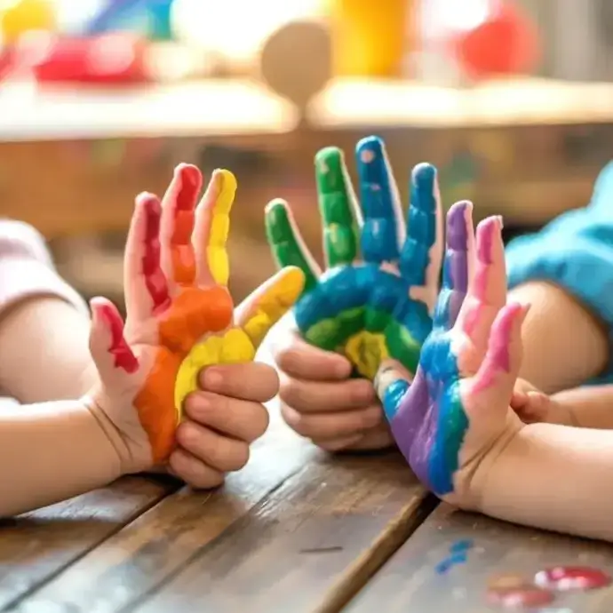 Child's hands painted in rainbow colours, representing equality, diversity, and inclusion.