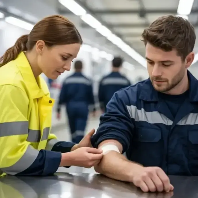 A first aider applying a plaster to a cut on a mans arm.