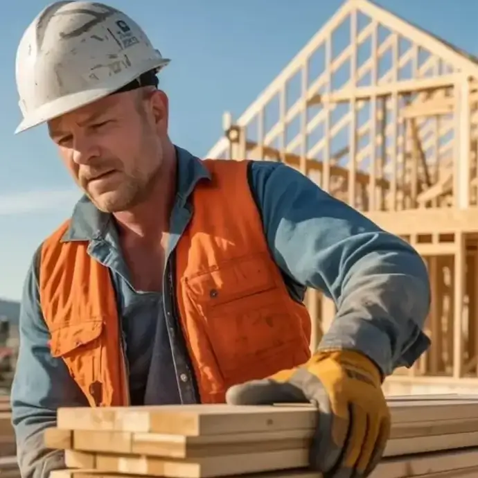 Construction worker in PPE selecting timber for house construction