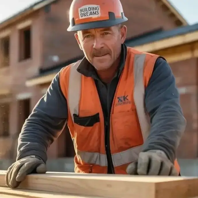 Construction worker manual handling some timbers for stud work