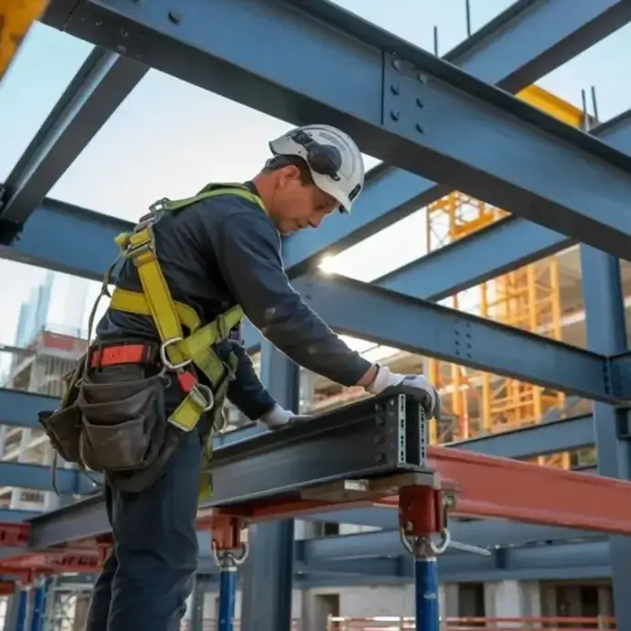 Working at height: Construction worker on steel beams with safety harness and protective gear.