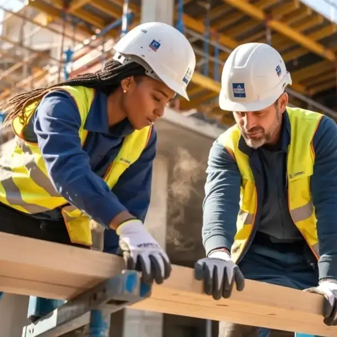 Manual handling: Construction worker lifting wood, wearing safety helmet and hi-vis vest.