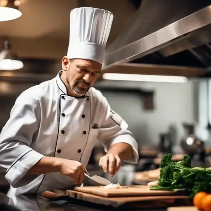 Chef trained in food hygiene, working in kitchen