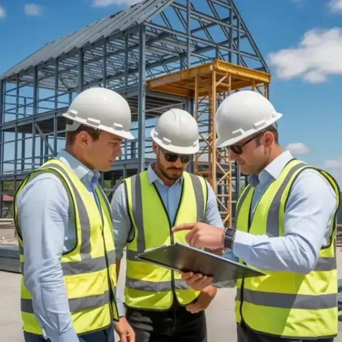 Construction site safety: Yellow hard hat, plans, and excavator.