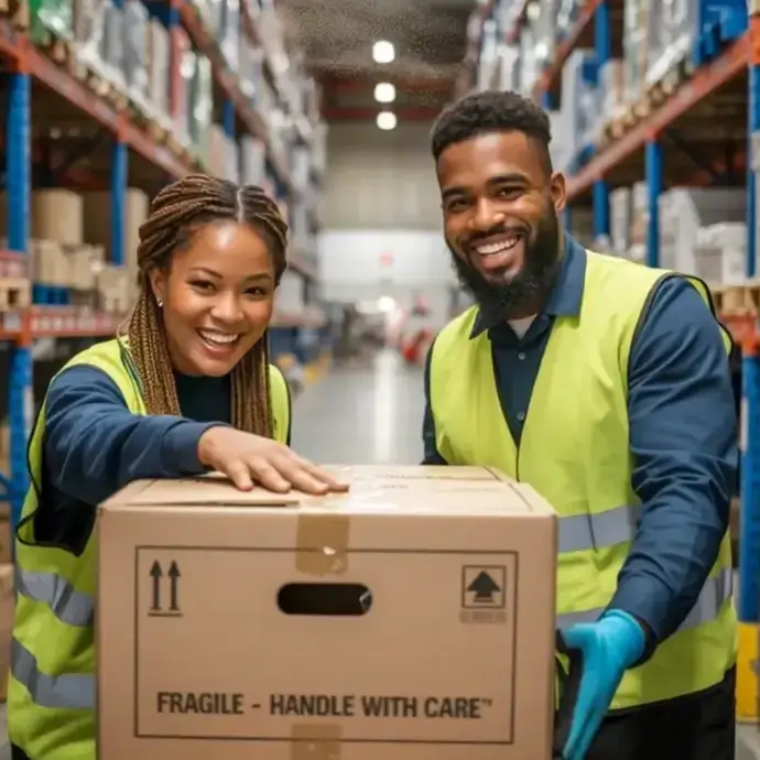 Staff stacking shelves: manual handling at workplace risk.
