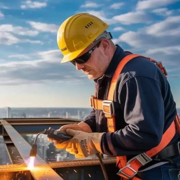 Worker on scaffolding wearing safety gear.