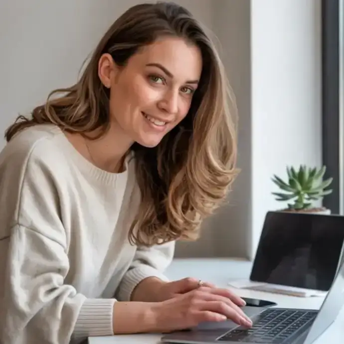 Woman using display screen equipment, promoting workstation ergonomics and DSE training.