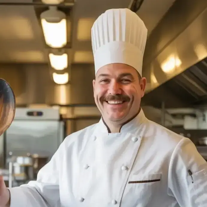 Happy chef trained to level 2 food hygiene in a commercial kitchen