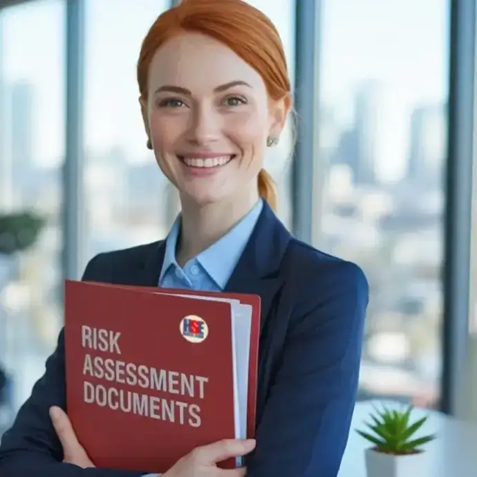 Femaile office worker holding a folder of tangible risk assessments close to her chest