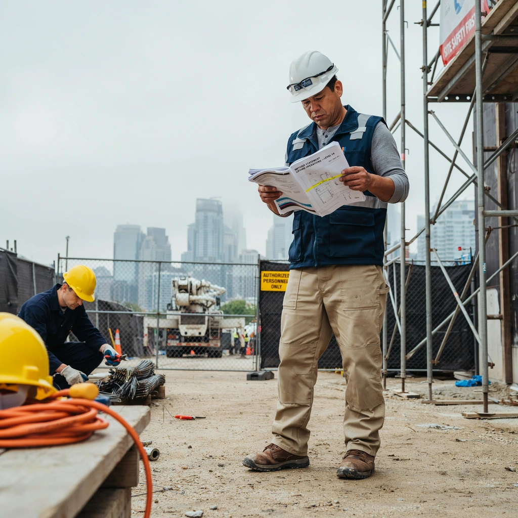 construction worker reading a method statement