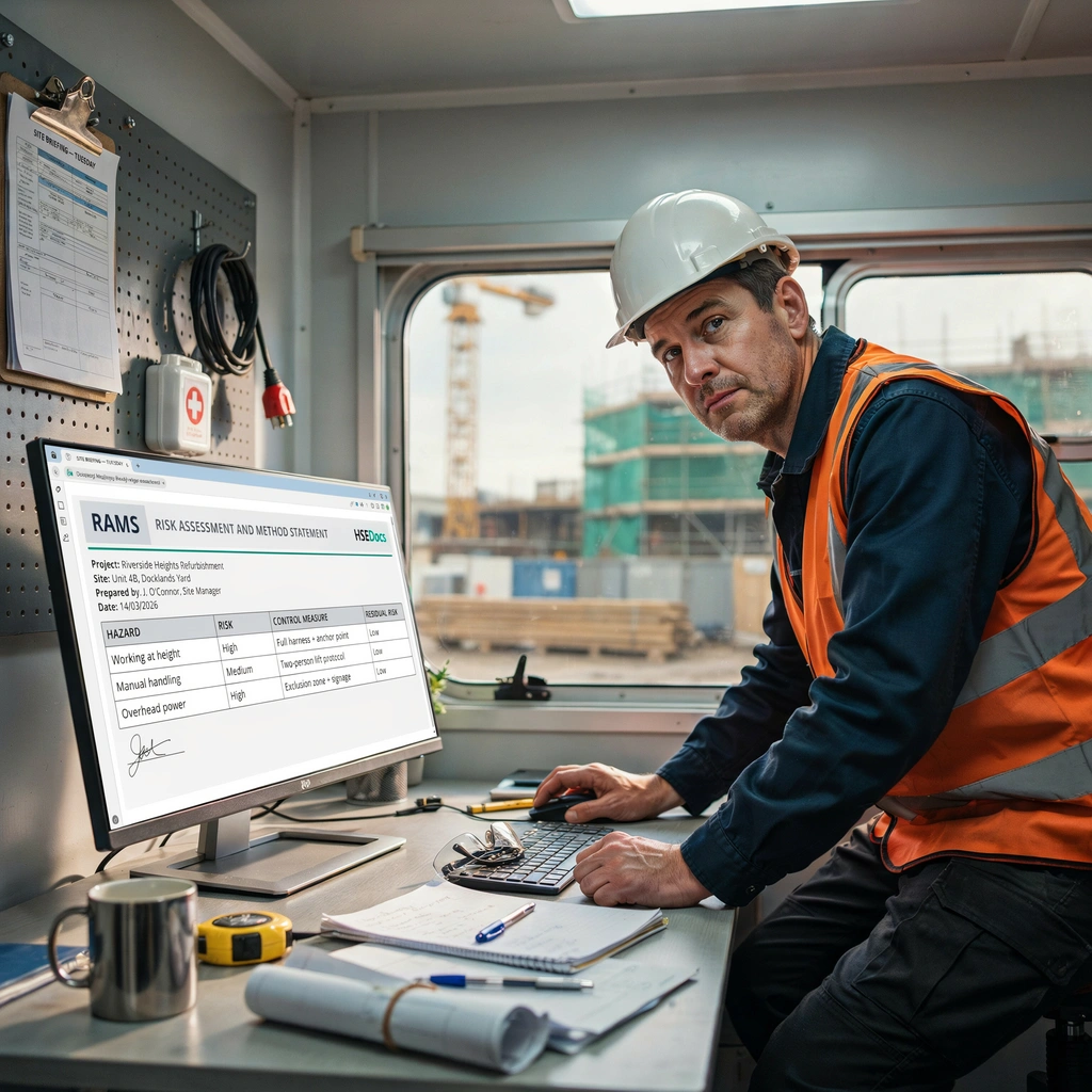 construction manager looking at RAMS by HSEDocs on a computer
