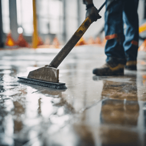 Worker removing tar from floor
