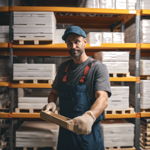 Worker in warehouse by shelves