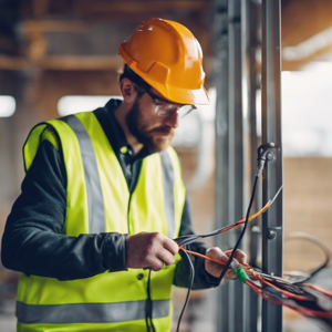 Electrician fitting cables in tray