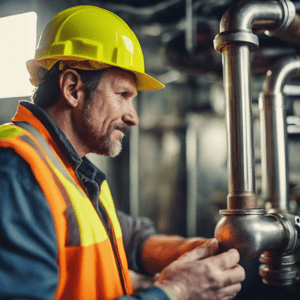 Plumbing engineer working on heating pipes