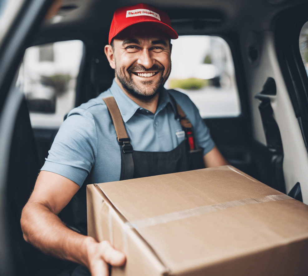 Man carrying a box in a vehicle: Manual handling and delivery concept.