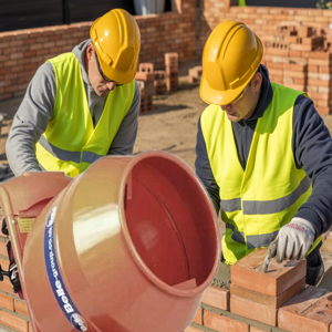 A close-up industrial photograph of a male worker inspecting a large terra-cotta colored pipe. The worker is wearing a weathered white hard hat, weathered high-visibility yellow safety vest, blue long-sleeve work shirt, and brown leather work gloves.