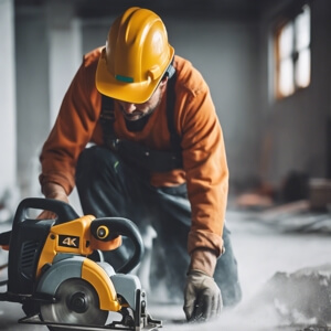 Construction worker cutting concrete floor