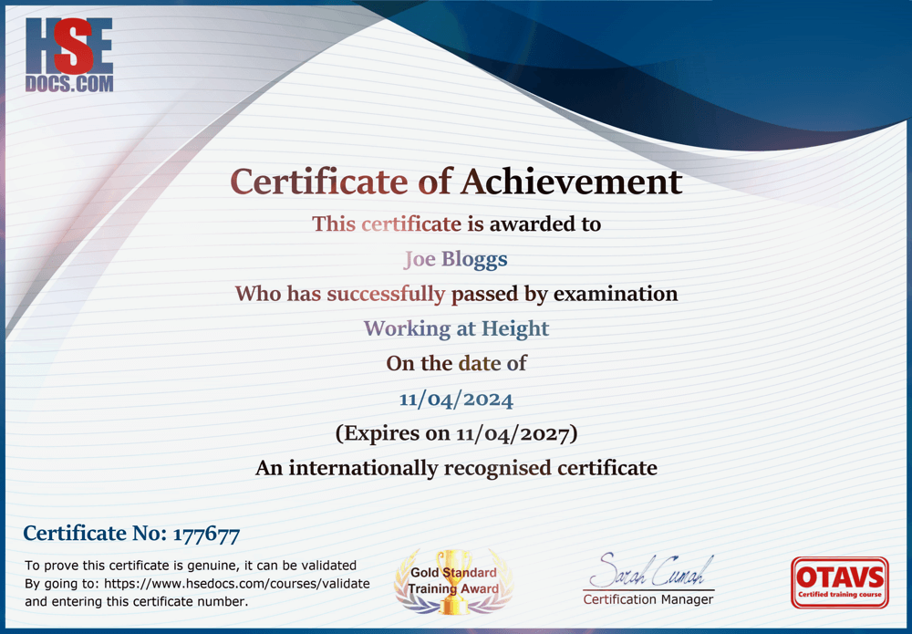 HSEDocs Training Certificate
