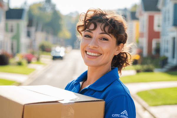 Happy woman delivering a boxed package